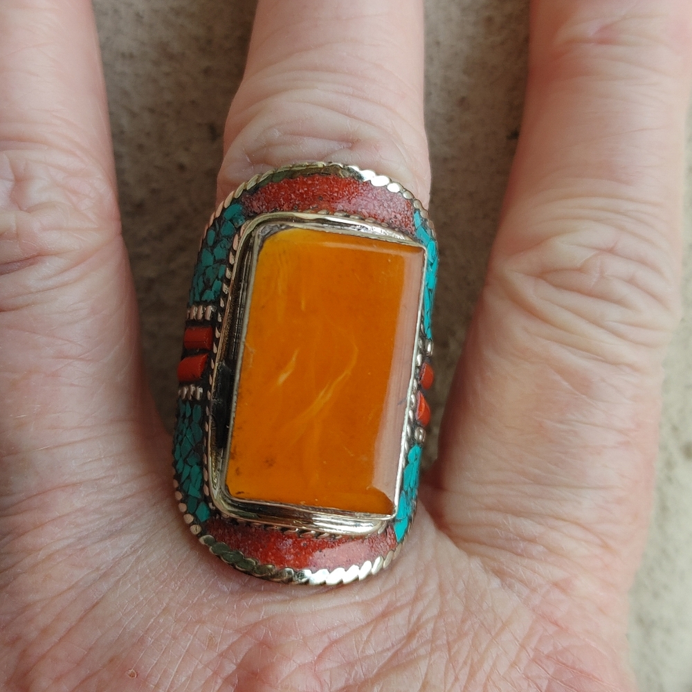 Artisan Orange and Turquoise Ring - Picture 5 of 14
